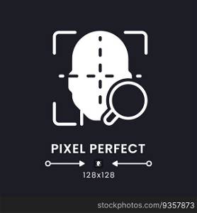 Facial coding white solid desktop icon. Face recognition. Measuring human emotions. Pixel perfect 128x128, outline 4px. Silhouette symbol for dark mode. Glyph pictogram. Vector isolated image. Facial coding white solid desktop icon