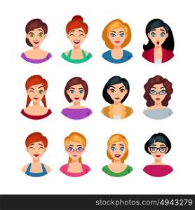 Facial Emotions Collection. Facial emotions collection of pretty girls with different expressions and feelings isolated vector illustration