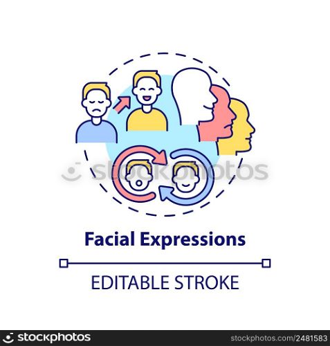 Facial expressions concept icon. Nonverbal communication example abstract idea thin line illustration. Emotional states. Isolated outline drawing. Editable stroke. Arial, Myriad Pro-Bold fonts used. Facial expressions concept icon