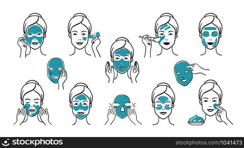 Facial mask set. Skin care and health infographic elements, girl face with facial mask applying steps. Vector hand drawn isolate images icons masks girl face apply for clean skin. Facial mask set. Skin care and health infographic elements, girl face with facial mask applying steps. Vector hand drawn icons
