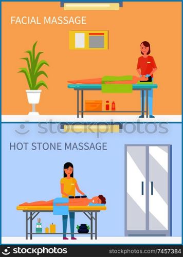Facial massage and hot stone treatment set of people relaxing on table of messages vector. lotions and creams, aroma candles and plants decoration. Facial Massage and Hot Stone Treatment Set Vector