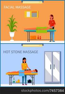 Facial massage and hot stone treatment set of people relaxing on table of messages vector. lotions and creams, aroma candles and plants decoration. Facial Massage and Hot Stone Treatment Set Vector