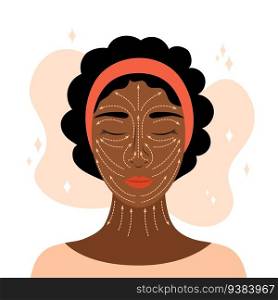 Facial massage lines. Vector illustration. Rules of anti-ageing face massage infographic. Head of beautiful african american woman and dotted arrows. Lifting sculpt techniques.. Facial massage lines. Vector illustration. Rules of anti-ageing face massage infographic. Head of beautiful african american woman and dotted arrows. Lifting sculpt techniques
