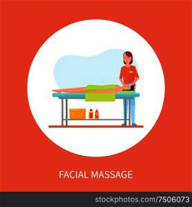 Facial medical massage session cartoon banner isolated vector in circle. Masseuse in uniform and rubber gloves massaging face of client lying on table. Facial Medical Massage Session Cartoon Banner