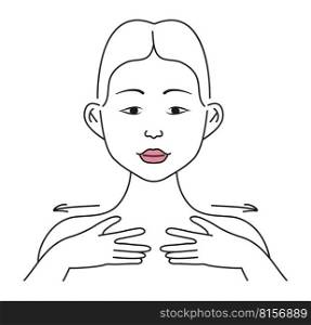 Facial, neck massage. Facial skin care at home, infographic vector icon. Beautiful girl applies cream, tonic, gel on the skin. Woman doing face massage, shows hand movement concept in line style.. Facial, neck massage. Facial skin care at home, infographic vector icon. Beautiful girl applies cream, tonic, gel on the skin.
