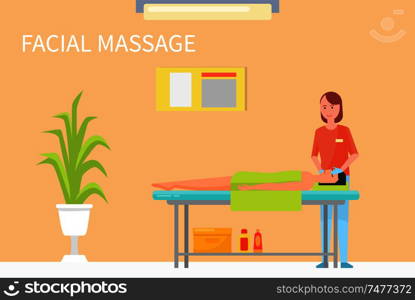 Facial procedures and massage technique to relax face and make it look younger and fresh. Masseuse in her salon with client male with towel vector. Facial Procedures and Massage Technique Vector