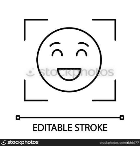 Facial recognition linear icon. Face scan. Thin line illustration. Emotion detection app. Face ID. Smiley in focus. Contour symbol. Vector isolated outline drawing. Editable stroke. Facial recognition linear icon
