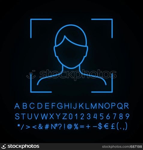 Facial recognition neon light icon. Face scan. Glowing sign with alphabet, numbers and symbols. Biometric identification. Face ID. Vector isolated illustration. Facial recognition neon light icon