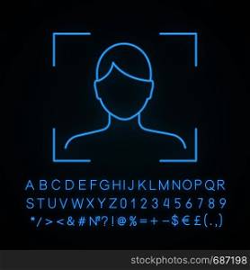 Facial recognition neon light icon. Face scan. Glowing sign with alphabet, numbers and symbols. Biometric identification. Face ID. Vector isolated illustration. Facial recognition neon light icon