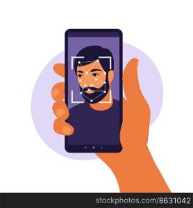 Facial recognition system concept. Face ID, face recognition system. Facial biometric identification system scanning on smartphone. Mobile app for face recognition. Vector illustration