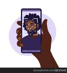 Facial recognition system concept. Face ID, face recognition system. Facial biometric identification system scanning on smartphone. Mobile app for face recognition. Vector illustration