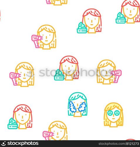 Facial Skin Care And Treatment Vector Seamless Pattern Color Line Illustration. Facial Skin Care And Treatment Icons Set Vector