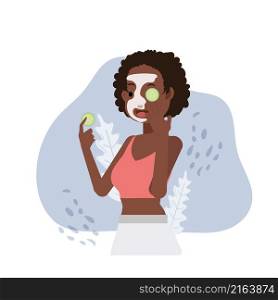 facial skin treatment concept.Arican american woman with cucumber slices on her eye. facial mask. Spa therapy.flat vector cartoon character illustration.