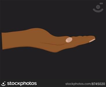 Facing up womans black hand isolated on black background. Female open palm up in getting or receiving something gesture, holding, showing, presenting product.  Vector Illustration.
