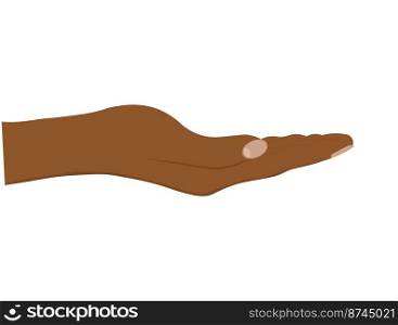 Facing up womans black hand isolated on white background. Female open palm up in getting or receiving something gesture, holding, showing, presenting product.  Vector Illustration.
