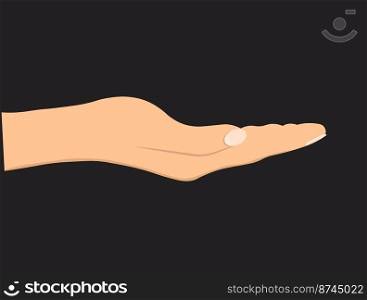 Facing up womans hand isolated on black background. Female open palm up in getting or receiving something gesture, holding, showing, presenting product.  Vector Illustration.