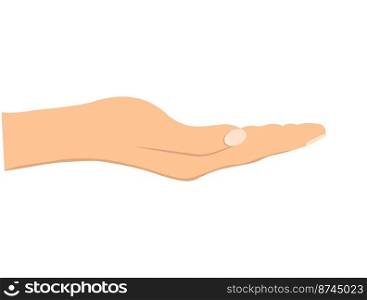 Facing up womans hand isolated on white background. Female open palm up in getting or receiving something gesture, holding, showing, presenting product. Vector Illustration.