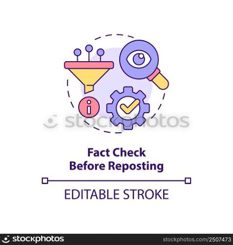 Fact check before reposting concept icon. Internet communication. Netiquette rule abstract idea thin line illustration. Isolated outline drawing. Editable stroke. Arial, Myriad Pro-Bold fonts used. Fact check before reposting concept icon
