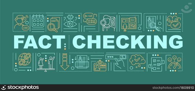 Fact checking word news concepts banner. Mass media disinformation. Social network. Infographics with linear icons on green background. Isolated typography. Vector outline RGB color illustration. Fact checking word news concepts banner