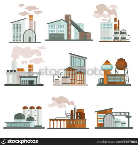 Factories isolated, nuclear power plant and industrial zone constructions vector. Urban manufactory stations and warehouse, pipes and chimneys. Smoke and vaporation, environment contamination. Nuclear power plant or factory isolated icons, industrial zone