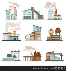 Factories isolated, nuclear power plant and industrial zone constructions vector. Urban manufactory stations and warehouse, pipes and chimneys. Smoke and vaporation, environment contamination. Nuclear power plant or factory isolated icons, industrial zone