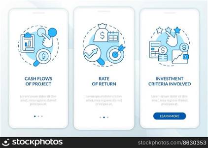 Factors of investment decisions blue onboarding mobile app screen. Walkthrough 3 steps editable graphic instructions with linear concepts. UI, UX, GUI template. Myriad Pro-Bold, Regular fonts used. Factors of investment decisions blue onboarding mobile app screen
