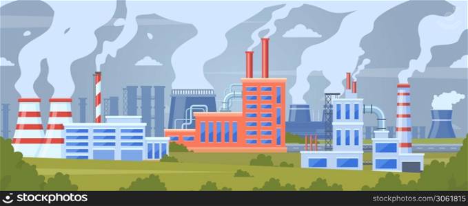 Factory air pollution. Industrial smog pollution, polluted urban landscape, chimney pipe factory toxic smoke clouds vector illustration. Plant manufacturing, building facade cartoon. Factory air pollution. Industrial smog pollution, polluted urban landscape, chimney pipe factory toxic smoke clouds vector illustration