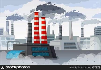 Factory air pollution. Polluted environment, industrial smog and industry smoke clouds. Environment carbon dioxide pollutions, toxic factories building fumes or dirty fuel smog vector illustration. Factory air pollution. Polluted environment, industrial smog and industry smoke clouds vector illustration
