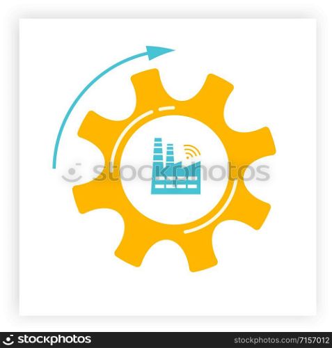 Factory and gear icon industry 4.0 concept vector illustration. Manufacturing revolution technology graphic with orange cogwheel, blue factory and wireless icon. Smart industry and automation concept. Manufacturing factory an gear industry 4.0 concept