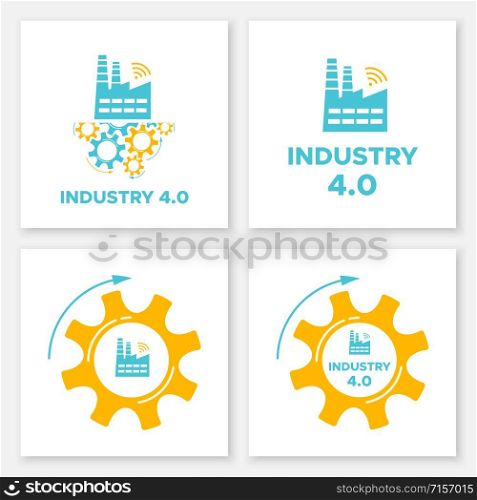 Factory and gear industry 4.0 concept set vector illustration. Manufacturing digital technology and smart factory design collection with blue factory icon, orange gear mechanism and sign INDUSTRY 4.0. Factory and gears icon industry 4.0 concept set