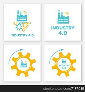 Factory and gear industry 4.0 concept set vector illustration. Manufacturing digital technology and smart factory design collection with blue factory icon, orange gear mechanism and sign INDUSTRY 4.0. Factory and gears icon industry 4.0 concept set