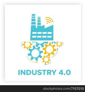 Factory and gears industry 4.0 concept vector illustration. Manufacturing digital technology design with blue factory icon, orange gears mechanism and sign INDUSTRY 4.0. Smart factory and automation.. Factory icon, gears mechanism industry 4.0 concept