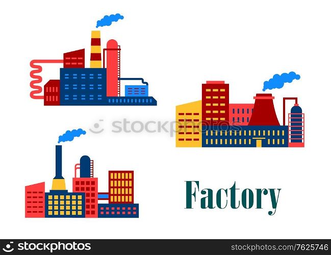 Factory and plants industrial building flat icons for cityscape, industry and ecology design