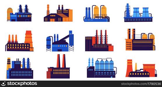 Factory building. Cartoon plants. Chemical and organic manufacturing. Nuclear electricity power station. Industrial constructions with chimneys and cisterns. Vector isolated cityscape elements set. Factory building. Cartoon plants. Chemical and organic manufacturing. Nuclear electricity station. Industrial constructions with chimneys and cisterns. Vector cityscape elements set