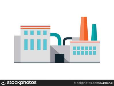 Factory Building in Flat. Factory building with pipes in flat. Industrial factory building concept. Industrial plant with pipes. Factory icon. Isolated object in flat design on white background.