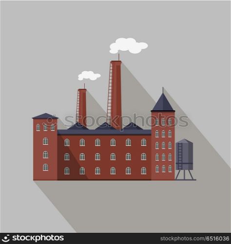 Factory Building in Flat. Factory building with pipes in flat. Industrial factory building concept. Industrial plant with pipes. Plant with smoking chimneys. Factory icon. Vector illustration with long shadow.
