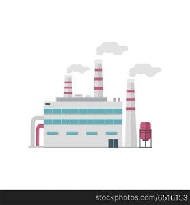 Factory Building in Flat. Factory building with pipes in flat. Industrial factory building concept. Industrial plant with pipes. Plant with smoking chimneys. Factory icon. Isolated object in flat design on white background.