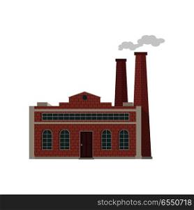 Factory building with pipes in flat. Industrial factory building concept. Industrial plant with pipes. Plant with smoking chimneys. Factory icon. Isolated object in flat design on white background.. Factory Building in Flat