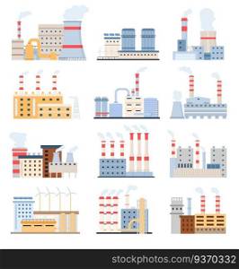 Factory buildings. Eco power plants with solar panels and windmill, chemical manufacturing and industrial complex. Flat factories vector set. Illustration factory industrial, power manufacturing. Factory buildings. Eco power plants with solar panels and windmill, chemical manufacturing and industrial complex. Flat factories vector set