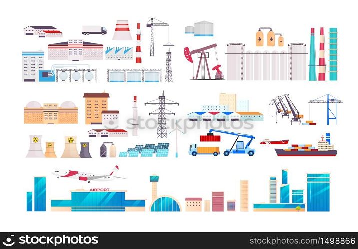 Factory cartoon vector objects set. Industrial machinery and equipment constructor. Airport flat color illustrations collection. Manufactory buildings isolated pack on white background. Factory cartoon vector objects set
