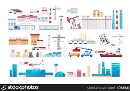 Factory cartoon vector objects set. Industrial machinery and equipment constructor. Airport flat color illustrations collection. Manufactory buildings isolated pack on white background. Factory cartoon vector objects set