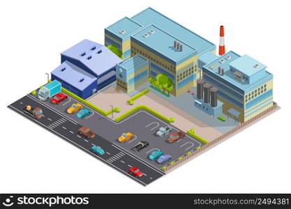 Factory composition of territory with big complex building contains manufacturing warehouse and office segments isometric vector illustration. Isometric Image Of Factory Composition