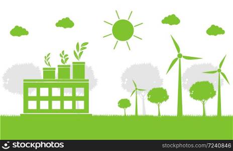 Factory ecology,Industry icon,Wind turbines with trees and sun Clean energy with eco-friendly concept ideas.vector illustration