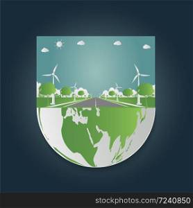 Factory ecology,Industry icon,Wind turbines with trees and sun Clean energy with road eco-friendly concept ideas,Green cities help the world.vector illustration