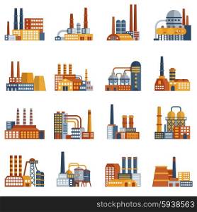 Factory flat icons set with plants and industrial storages isolated vector illustration. Factory Flat Icons Set