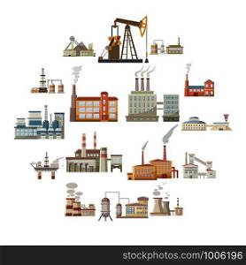Factory icons set in cartoon style. Industrial building set collection vector illustration. Factory icons set, cartoon style