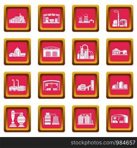 Factory icons set vector pink square isolated on white background . Factory and production buildings