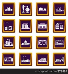 Factory icons set vector purple square isolated on white background . Factory and production buildings