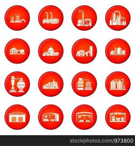 Factory icons set vector red circle isolated on white background . Factory and production buildings