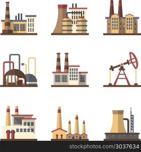 Factory industrial building and manufacturing plants vector flat icons. Factory industrial building and manufacturing plants vector flat icons. Factory building and plant industry construction, industrial and manufacturing factory illustration